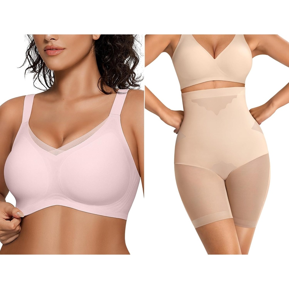 image:imageOEAK Womens Wireless Bras V Mesh Pink amp Tummy Control Superpower Nude S