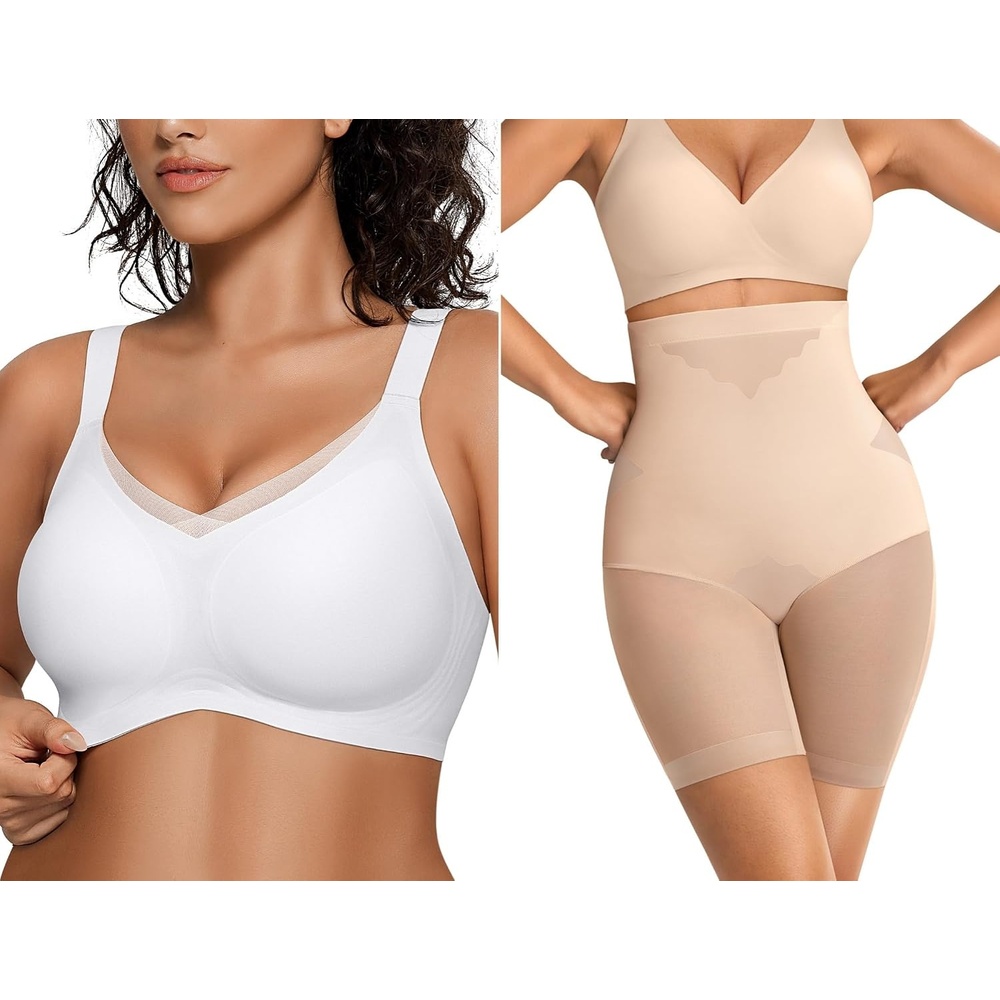 image:imageOEAK Womens Wireless Bras V Mesh White amp Tummy Control Superpower Nude S