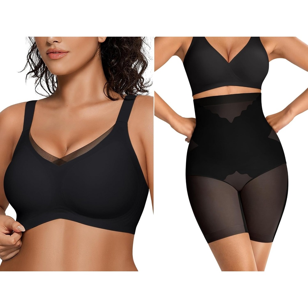image:imageOEAK Womens Wireless Bras V Mesh amp Tummy Control SuperPower Black M