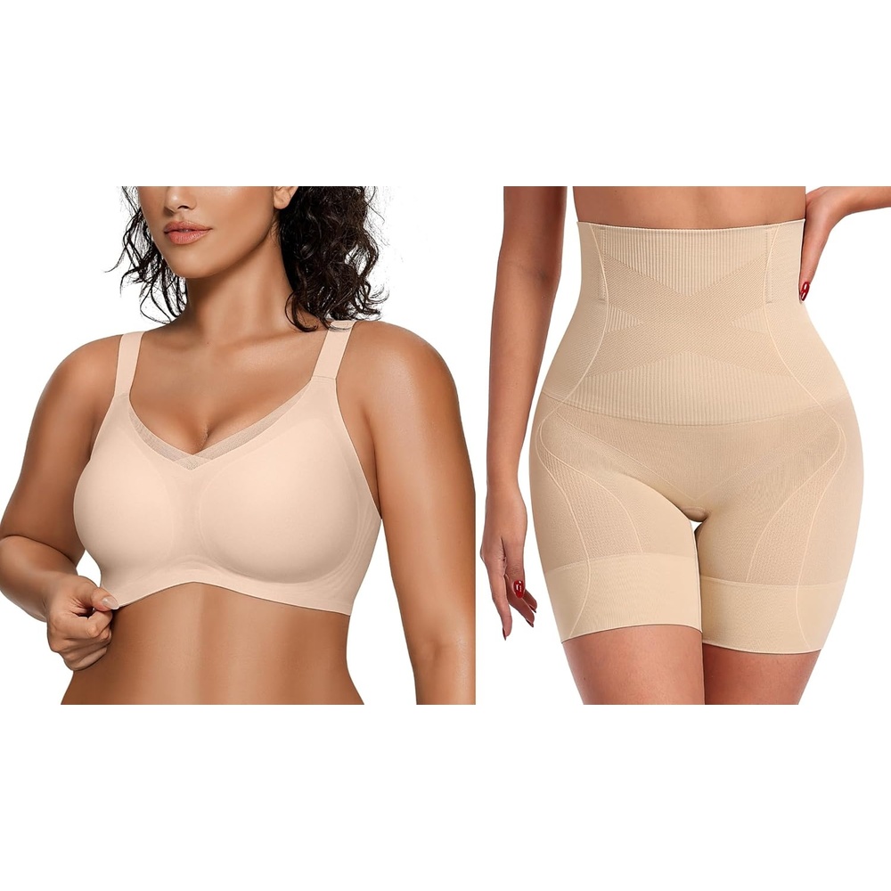image:imageOEAK Womens Wireless V Mesh Bras MTummy Control Shapewear Thigh Slimmer Nude M