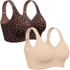 OEAK Womens Wireless Jelly Bras Plus Size Support Push Up Comfortable Bra(Creamy Beige+leopard Coffee)