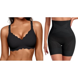 OEAK Women Scalloped Push Up Bras Black XL+Tummy Control Shapewear Thigh Slimmer Black XL
