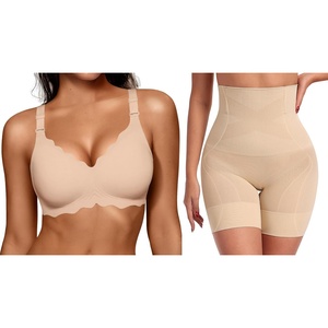 OEAK Women Scalloped Push Up Bras Nude M+Tummy Control Shapewear Thigh Slimmer Nude M