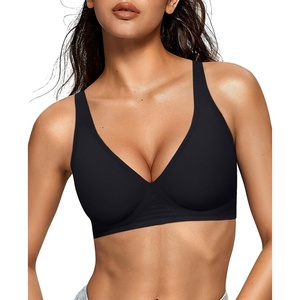 OEAK Womens Jelly Bras Wireless Deep V Bralette Comfy Push Up Tshirt Bras(Black)