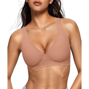 OEAK Womens Jelly Bras Wireless Deep V Bralette Comfy Push Up Tshirt Bras(Latte)