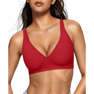 OEAK Womens Jelly Bras Wireless Deep V Bralette Comfy Push Up Tshirt Bras(Red)