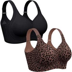 OEAK Womens Wireless Jelly Bras Plus Size Support Push Up Comfortable Bra(Black+leopard Coffee)
