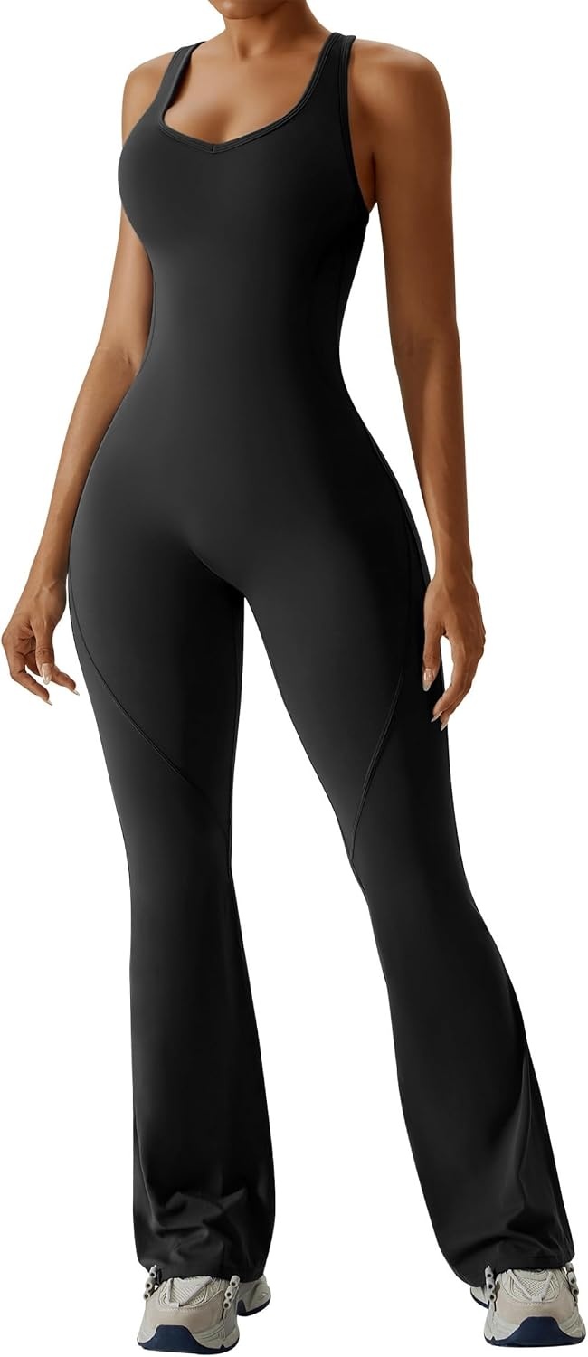 image:imageOEAK Womens Flare Jumpsuit with Bra Tummy Control Cutout Romper Workout Outfit Sleeveless Unitard One Piece Backless BodysuitBlack