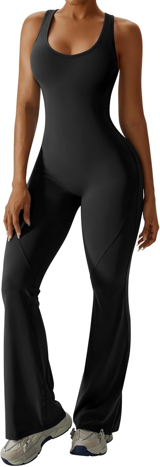 image:imageOEAK Womens Flare Jumpsuit with Bra Tummy Control Cutout Romper Workout Outfit Sleeveless Unitard One Piece Backless BodysuitBlack