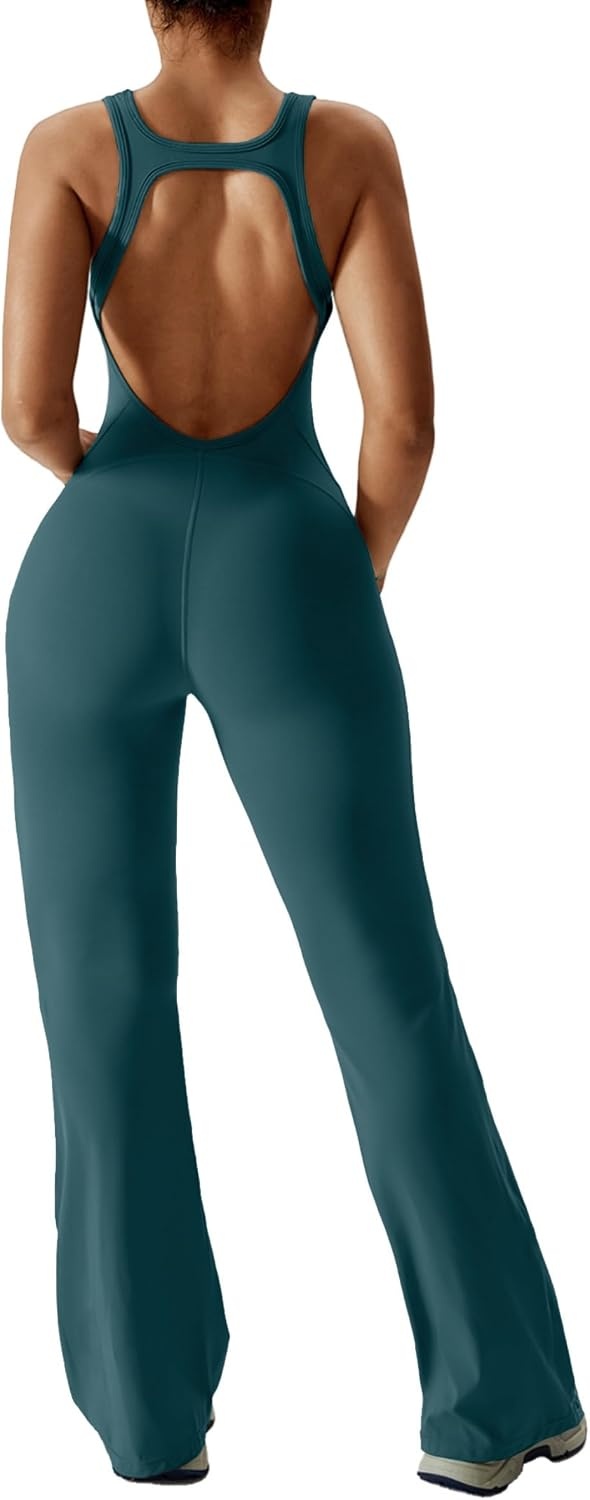 image:imageOEAK Womens Flare Jumpsuit with Bra Tummy Control Cutout Romper Workout Outfit Sleeveless Unitard One Piece Backless BodysuitBlackish Green