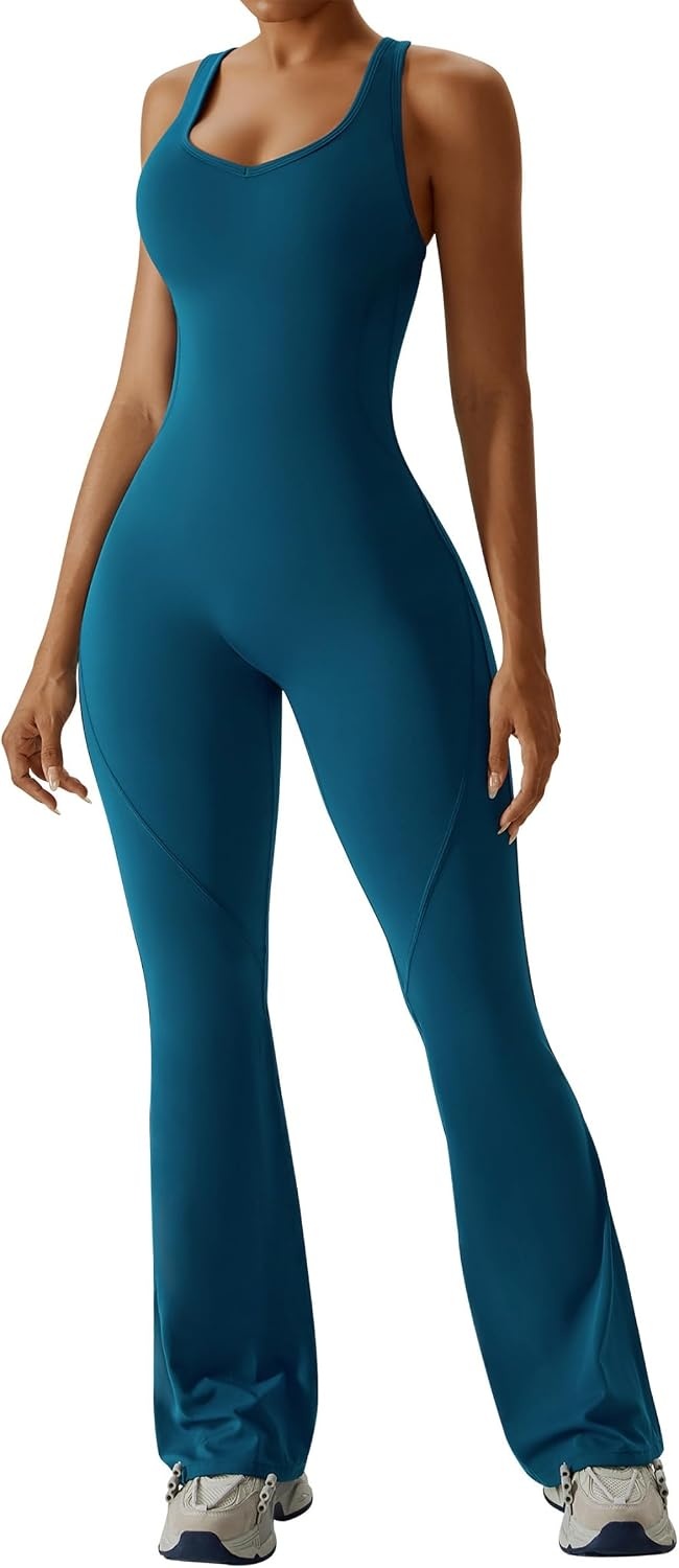 image:imageOEAK Womens Flare Jumpsuit with Bra Tummy Control Cutout Romper Workout Outfit Sleeveless Unitard One Piece Backless BodysuitBlue