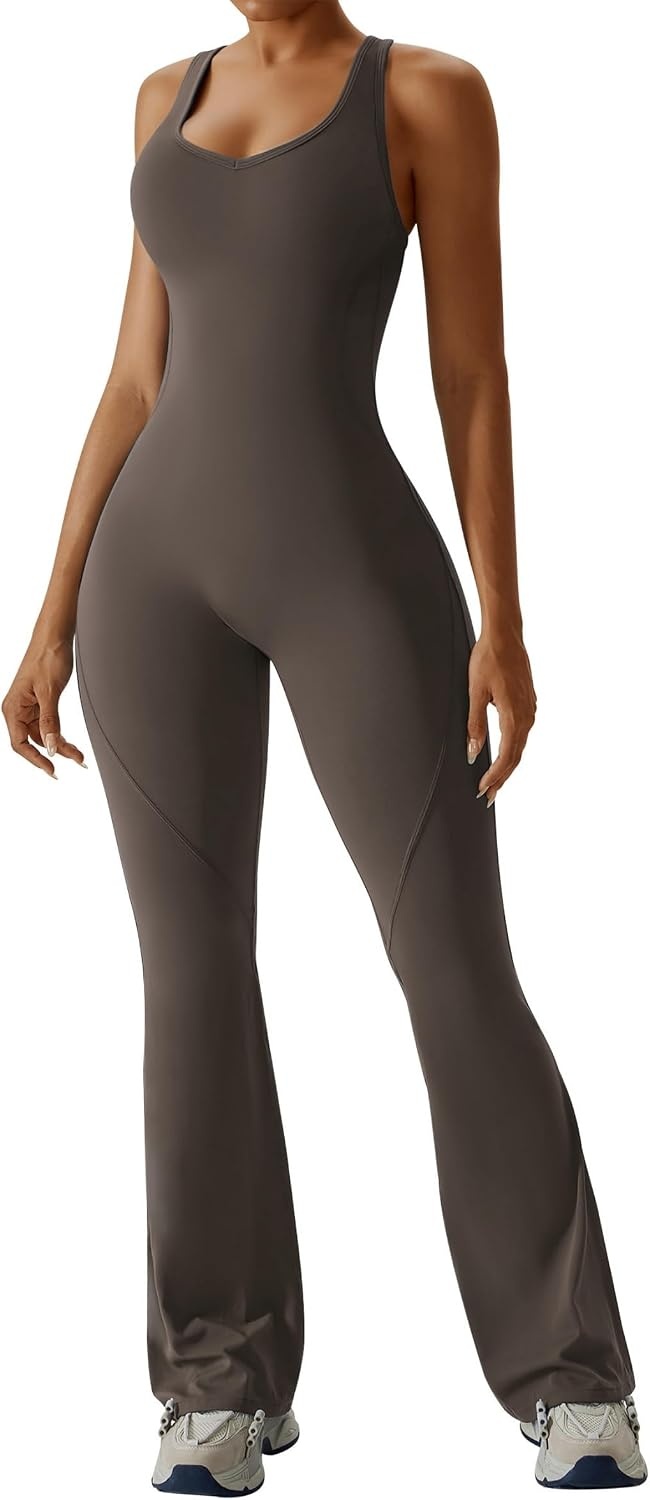 image:imageOEAK Womens Flare Jumpsuit with Bra Tummy Control Cutout Romper Workout Outfit Sleeveless Unitard One Piece Backless BodysuitBrown