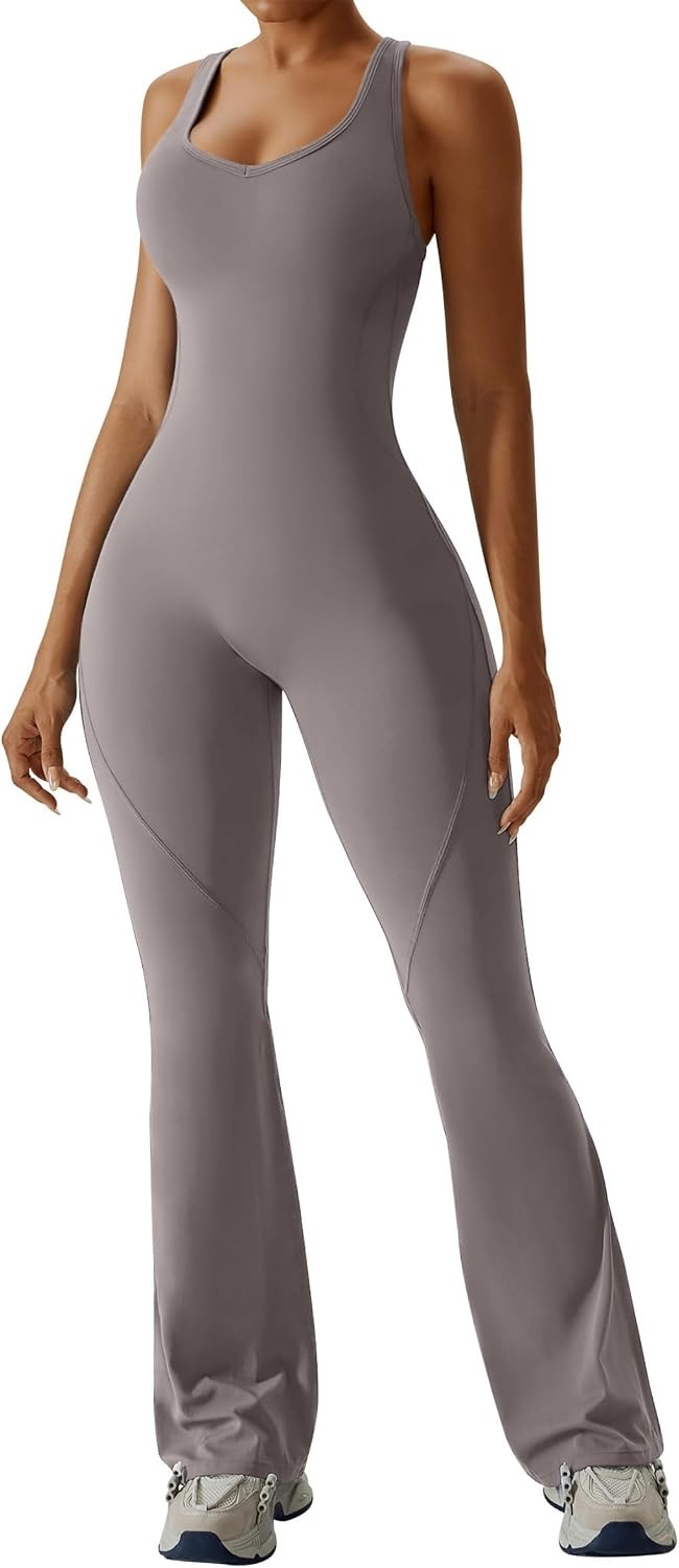 image:imageOEAK Womens Flare Jumpsuit with Bra Tummy Control Cutout Romper Workout Outfit Sleeveless Unitard One Piece Backless BodysuitFlaxen