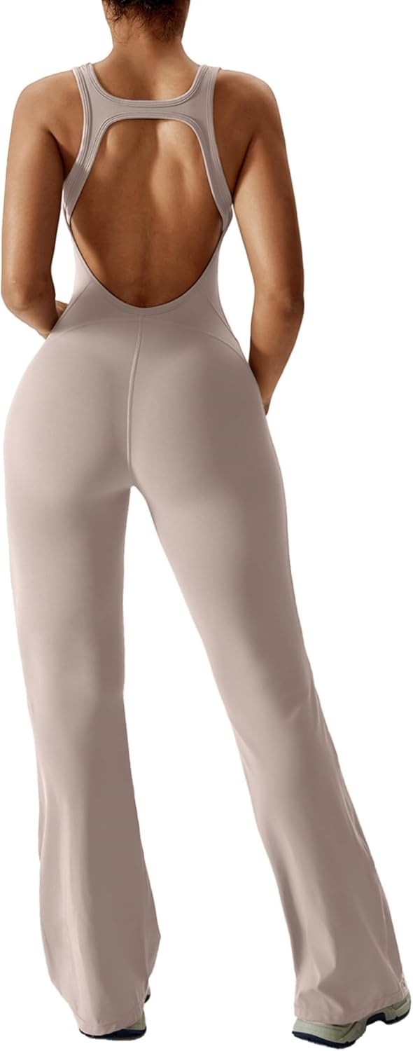 image:imageOEAK Womens Flare Jumpsuit with Bra Tummy Control Cutout Romper Workout Outfit Sleeveless Unitard One Piece Backless BodysuitKhaki