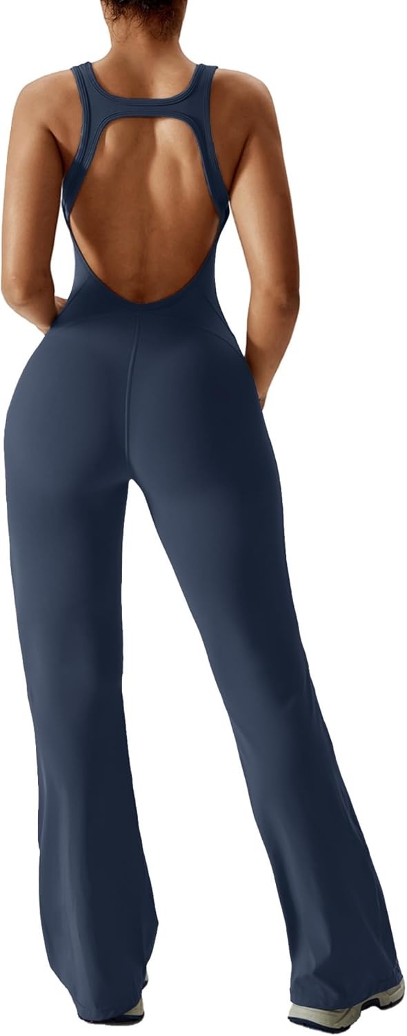 image:imageOEAK Womens Flare Jumpsuit with Bra Tummy Control Cutout Romper Workout Outfit Sleeveless Unitard One Piece Backless BodysuitNavy