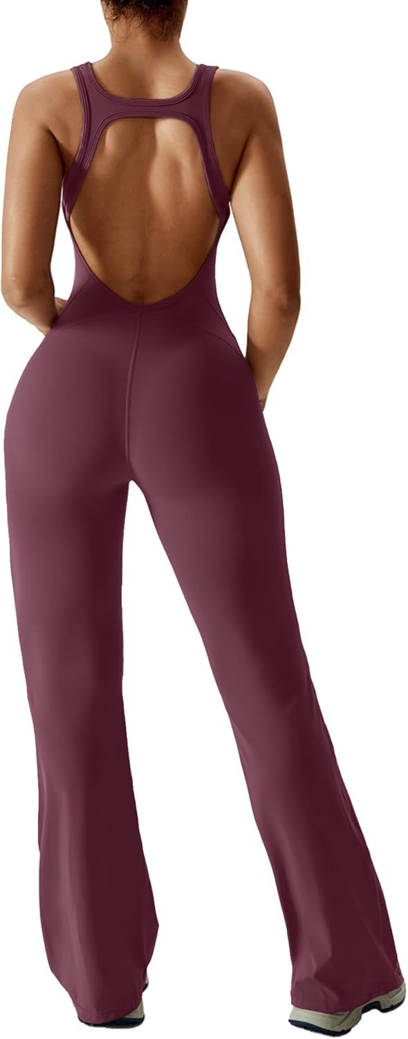 image:imageOEAK Womens Flare Jumpsuit with Bra Tummy Control Cutout Romper Workout Outfit Sleeveless Unitard One Piece Backless BodysuitWine Red