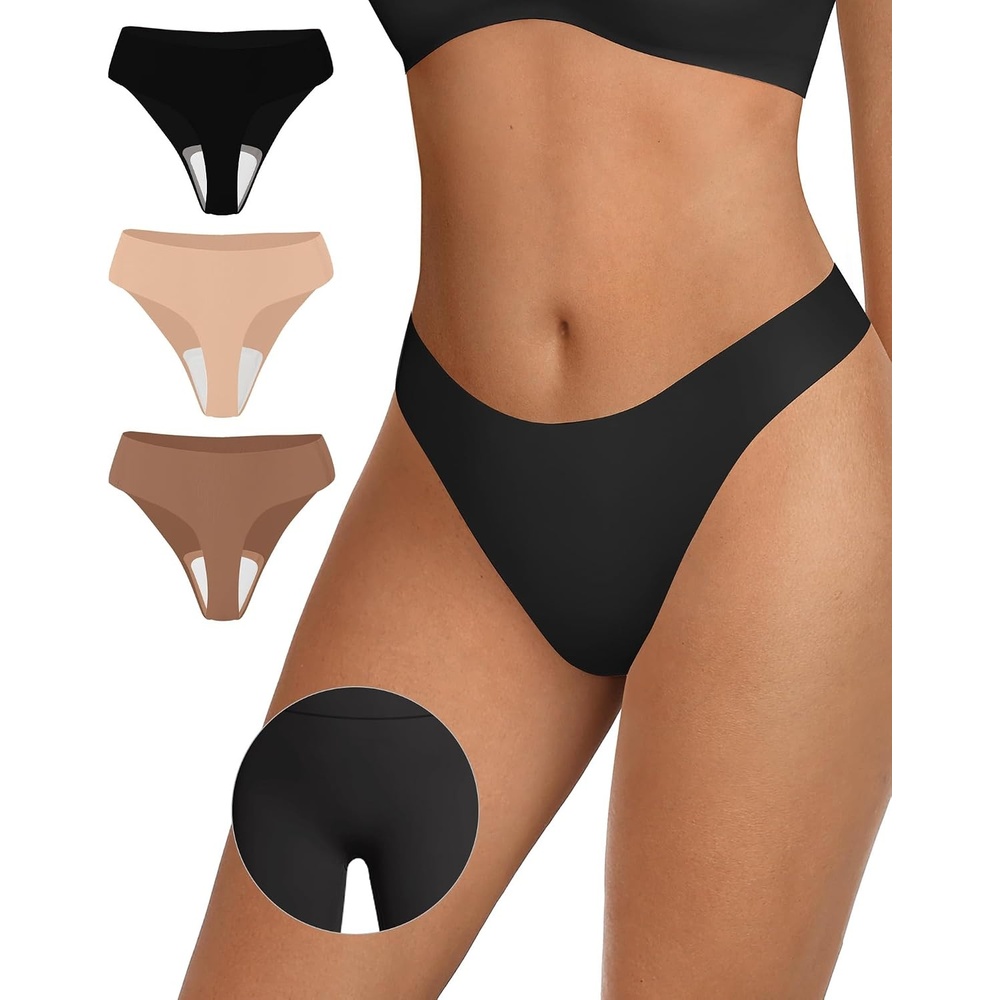 image:imageOEAK Seamless Thongs for Women Invisible Thongs No Show Thong Panty Liners Tangas Comfortable Workout GStrings Underwear3p1black1skin Nude1latte