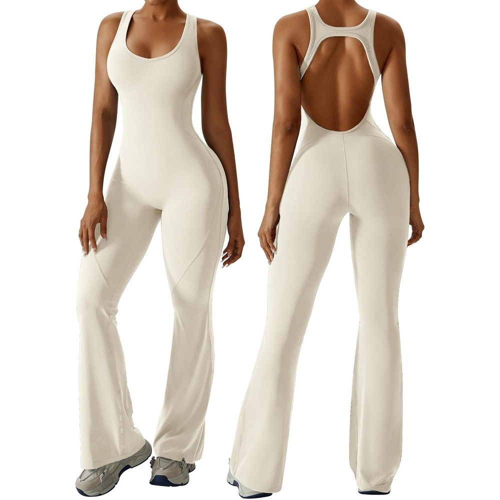 image:imageOEAK Womens Flare Jumpsuit with Bra Tummy Control Cutout Romper Workout Outfit Sleeveless Unitard One Piece Backless BodysuitBeige