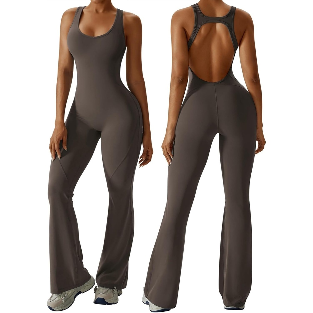 image:imageOEAK Womens Flare Jumpsuit with Bra Tummy Control Cutout Romper Workout Outfit Sleeveless Unitard One Piece Backless BodysuitBrown