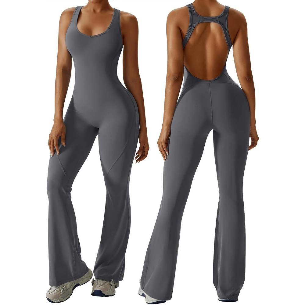 image:imageOEAK Womens Flare Jumpsuit with Bra Tummy Control Cutout Romper Workout Outfit Sleeveless Unitard One Piece Backless BodysuitDark Grey