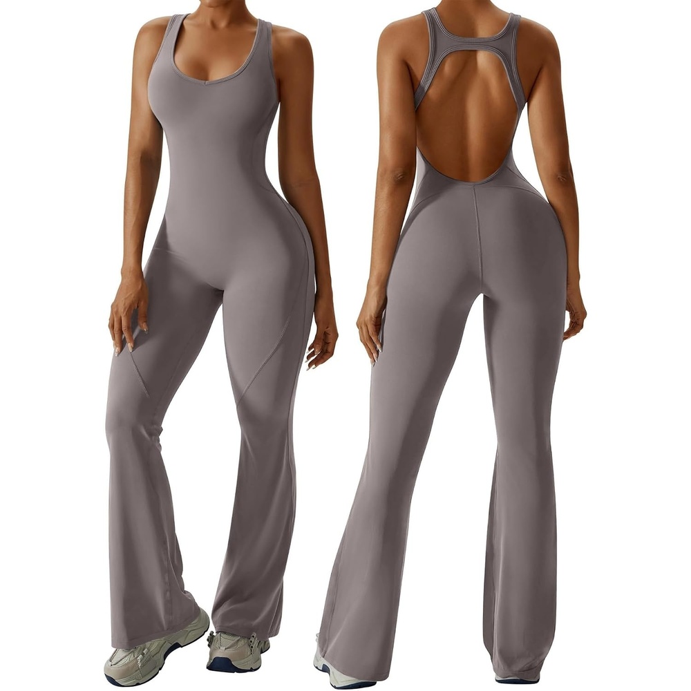 image:imageOEAK Womens Flare Jumpsuit with Bra Tummy Control Cutout Romper Workout Outfit Sleeveless Unitard One Piece Backless BodysuitFlaxen