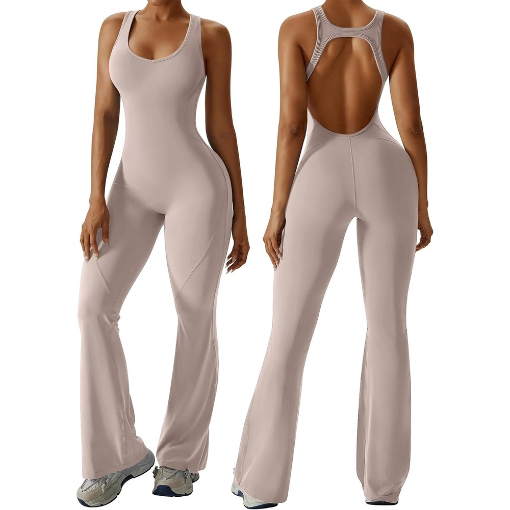 image:imageOEAK Womens Flare Jumpsuit with Bra Tummy Control Cutout Romper Workout Outfit Sleeveless Unitard One Piece Backless BodysuitKhaki