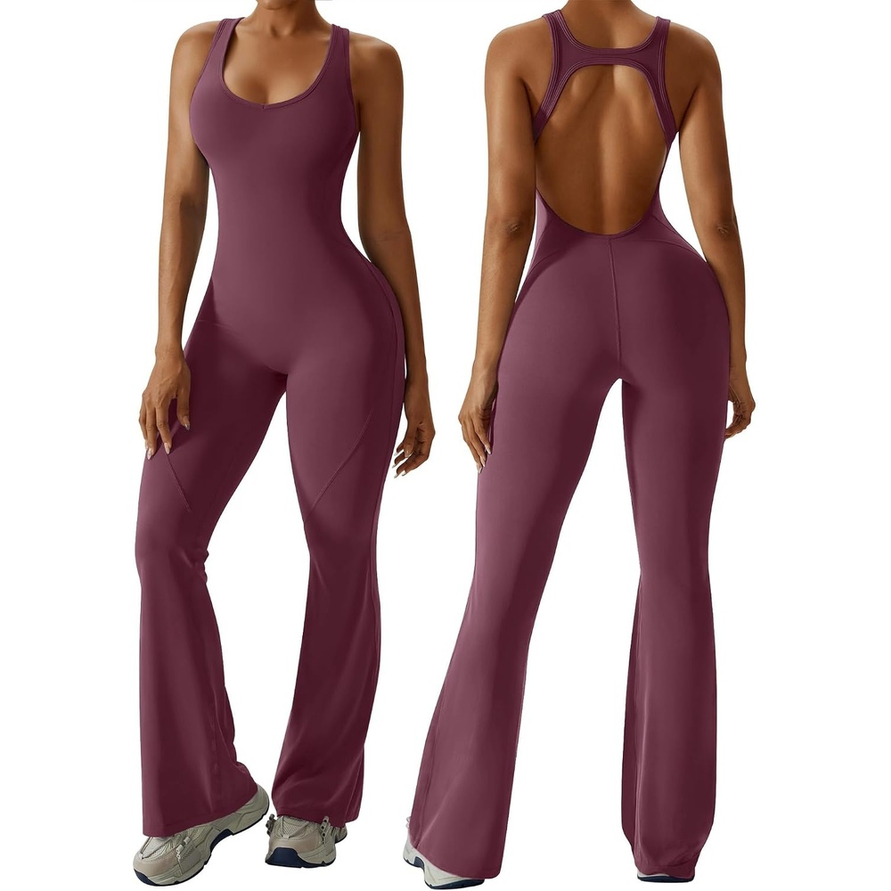 image:imageOEAK Womens Flare Jumpsuit with Bra Tummy Control Cutout Romper Workout Outfit Sleeveless Unitard One Piece Backless BodysuitWine Red