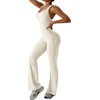 OEAK Womens Flare Jumpsuit with Bra Tummy Control Cutout Romper Workout Outfit Sleeveless Unitard One Piece Backless Bodysuit(Beige)