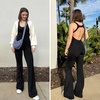 OEAK Womens Flare Jumpsuit with Bra Tummy Control Cutout Romper Workout Outfit Sleeveless Unitard One Piece Backless Bodysuit(Black)