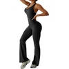 OEAK Womens Flare Jumpsuit with Bra Tummy Control Cutout Romper Workout Outfit Sleeveless Unitard One Piece Backless Bodysuit(Black)