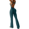OEAK Womens Flare Jumpsuit with Bra Tummy Control Cutout Romper Workout Outfit Sleeveless Unitard One Piece Backless Bodysuit(Blackish Green)