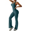 OEAK Womens Flare Jumpsuit with Bra Tummy Control Cutout Romper Workout Outfit Sleeveless Unitard One Piece Backless Bodysuit(Blackish Green)