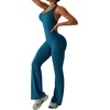 OEAK Womens Flare Jumpsuit with Bra Tummy Control Cutout Romper Workout Outfit Sleeveless Unitard One Piece Backless Bodysuit(Blue)