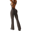 OEAK Womens Flare Jumpsuit with Bra Tummy Control Cutout Romper Workout Outfit Sleeveless Unitard One Piece Backless Bodysuit(Brown)