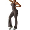 OEAK Womens Flare Jumpsuit with Bra Tummy Control Cutout Romper Workout Outfit Sleeveless Unitard One Piece Backless Bodysuit(Brown)