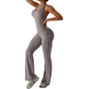 OEAK Womens Flare Jumpsuit with Bra Tummy Control Cutout Romper Workout Outfit Sleeveless Unitard One Piece Backless Bodysuit(Flaxen)