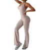 OEAK Womens Flare Jumpsuit with Bra Tummy Control Cutout Romper Workout Outfit Sleeveless Unitard One Piece Backless Bodysuit(Khaki)