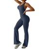 OEAK Womens Flare Jumpsuit with Bra Tummy Control Cutout Romper Workout Outfit Sleeveless Unitard One Piece Backless Bodysuit(Navy)