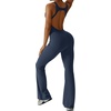 OEAK Womens Flare Jumpsuit with Bra Tummy Control Cutout Romper Workout Outfit Sleeveless Unitard One Piece Backless Bodysuit(Navy)