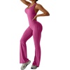 OEAK Womens Flare Jumpsuit with Bra Tummy Control Cutout Romper Workout Outfit Sleeveless Unitard One Piece Backless Bodysuit(Rose)