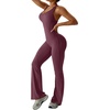 OEAK Womens Flare Jumpsuit with Bra Tummy Control Cutout Romper Workout Outfit Sleeveless Unitard One Piece Backless Bodysuit(Wine Red)