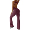 OEAK Womens Flare Jumpsuit with Bra Tummy Control Cutout Romper Workout Outfit Sleeveless Unitard One Piece Backless Bodysuit(Wine Red)