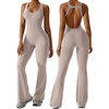 OEAK Womens Flare Jumpsuit with Bra Tummy Control Cutout Romper Workout Outfit Sleeveless Unitard One Piece Backless Bodysuit(Khaki)