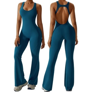 OEAK Womens Flare Jumpsuit with Bra Tummy Control Cutout Romper Workout Outfit Sleeveless Unitard One Piece Backless Bodysuit(Blue)