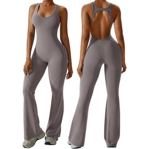 OEAK Womens Flare Jumpsuit with Bra Tummy Control Cutout Romper Workout Outfit Sleeveless Unitard One Piece Backless Bodysuit(Flaxen)