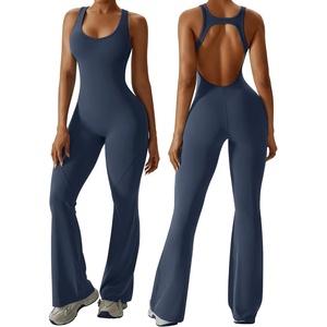 OEAK Womens Flare Jumpsuit with Bra Tummy Control Cutout Romper Workout Outfit Sleeveless Unitard One Piece Backless Bodysuit(Navy)