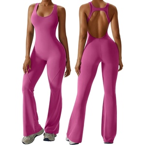 OEAK Womens Flare Jumpsuit with Bra Tummy Control Cutout Romper Workout Outfit Sleeveless Unitard One Piece Backless Bodysuit(Rose)