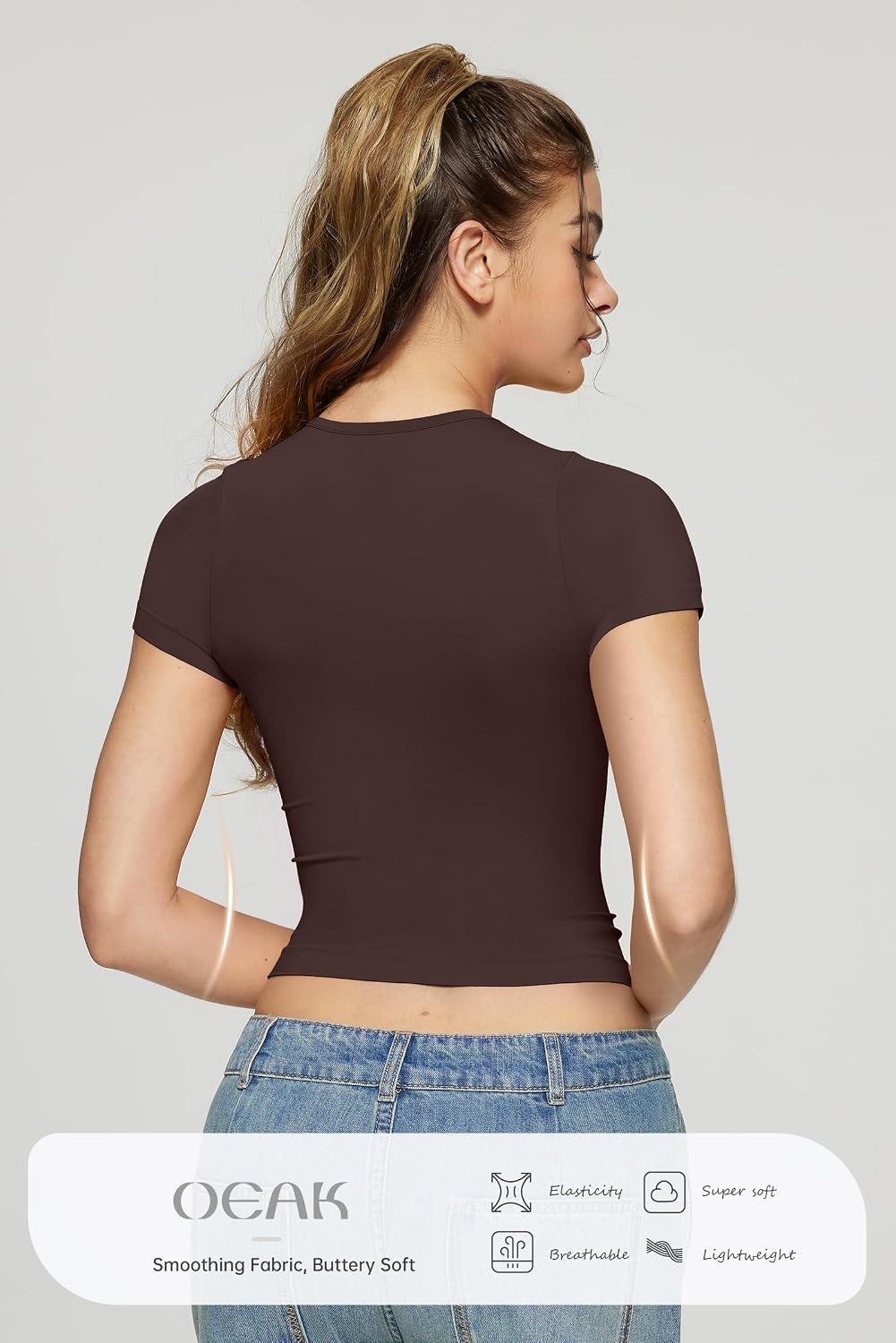 image:imageOEAK Womens TShirts Short Sleeve Shirts Crew Neck Basic Tees Soft Smoothing Seamless Tshirts Slim Fit Going Out Trendy TopsBrown