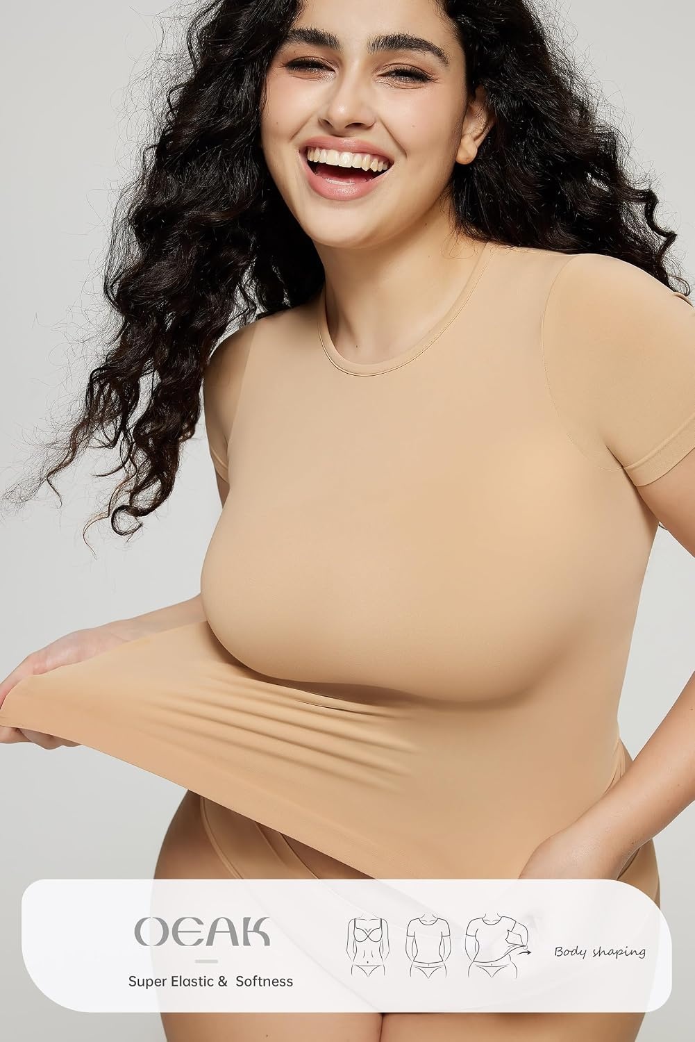 image:imageOEAK Womens TShirts Short Sleeve Shirts Crew Neck Basic Tees Soft Smoothing Seamless Tshirts Slim Fit Going Out Trendy TopsClay Color