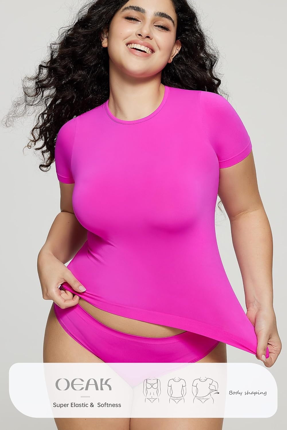 image:imageOEAK Womens TShirts Short Sleeve Shirts Crew Neck Basic Tees Soft Smoothing Seamless Tshirts Slim Fit Going Out Trendy TopsHot Pink